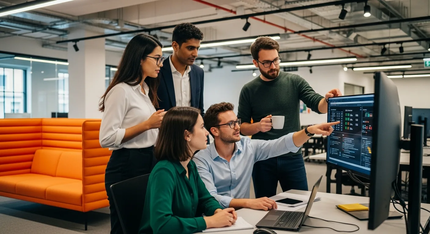 QA engineering team reviewing test coverage metrics during sprint retrospective