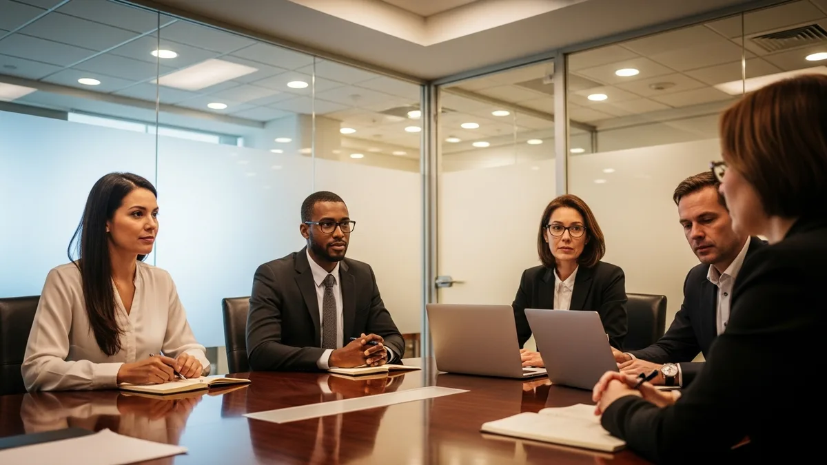 Interview panel of four hiring stakeholders meeting with a candidate