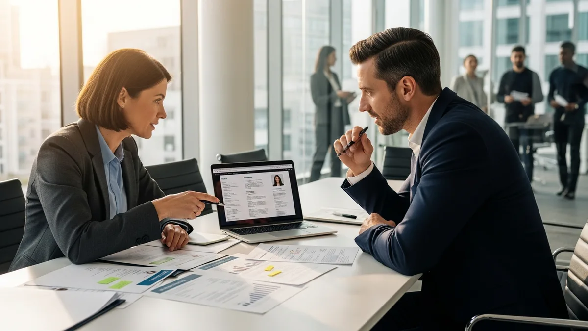 Hiring manager and recruiter reviewing candidate pipeline at a conference table