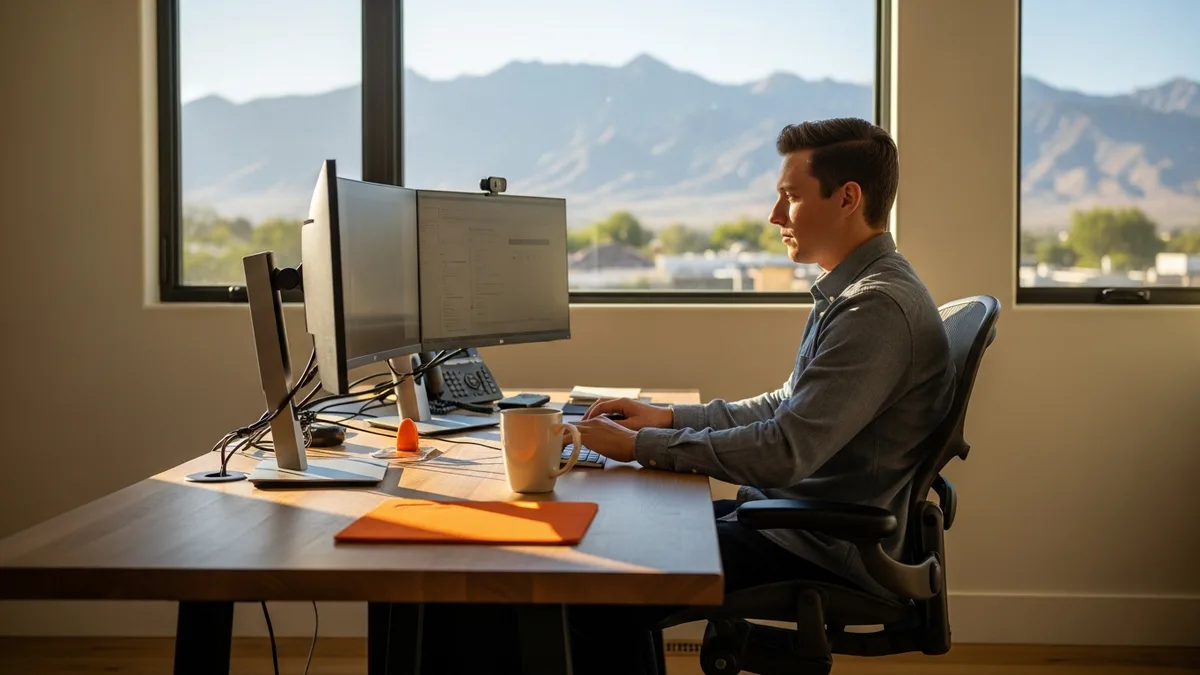 Senior remote developer working from a home office with mountain view in a tier 2 American city