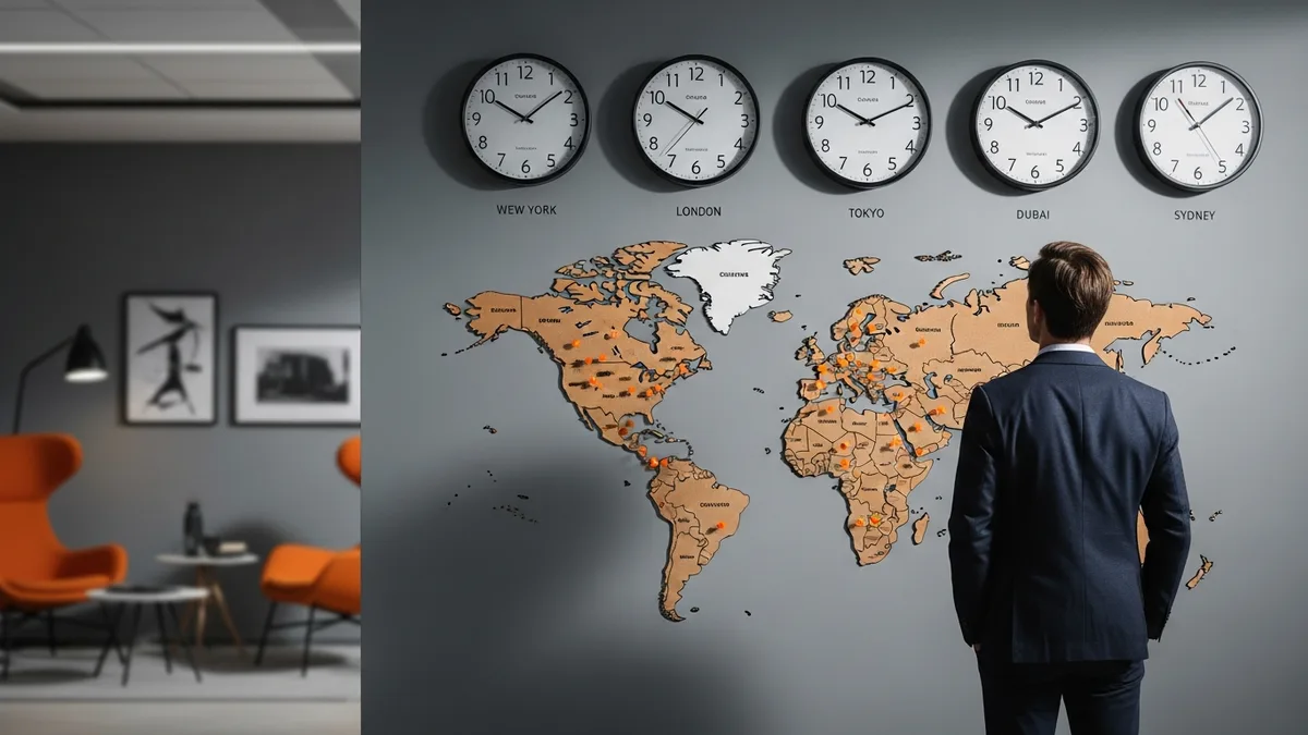 Office wall with world time zone clocks and a pinned world map showing remote developer locations
