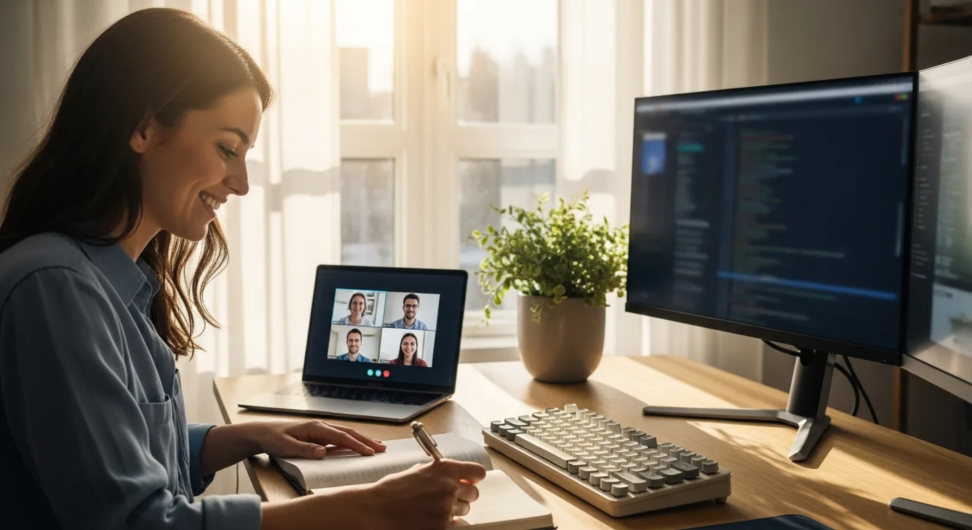 Remote software engineer on a video call with teammates during onboarding