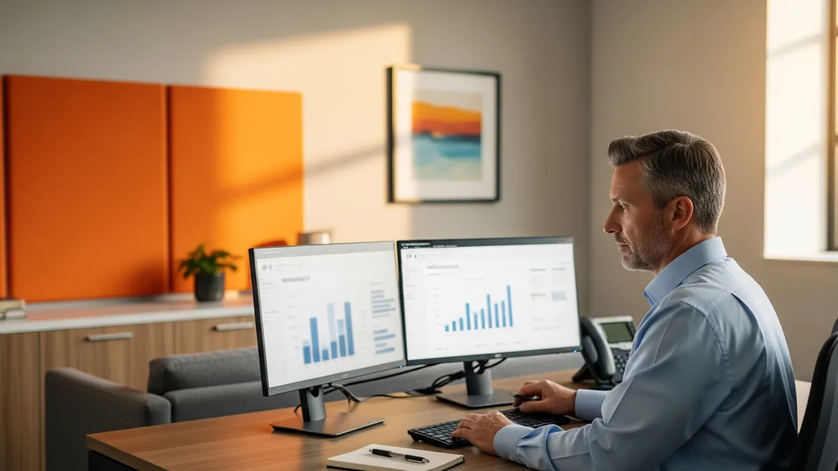 Hiring manager at executive desk reviewing workforce analytics on dual monitors, planning 2026 remote work policy