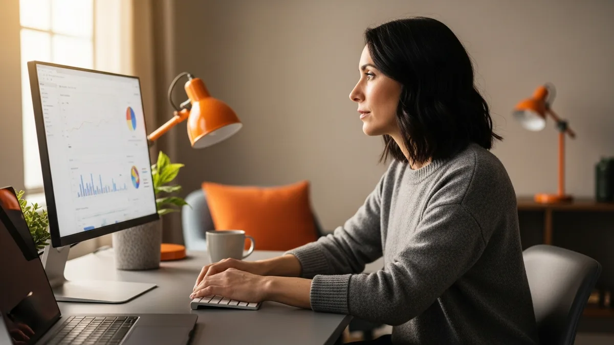 Professional woman working remotely from modern home office reviewing analytics dashboard, representing 2026 remote workforce statistics