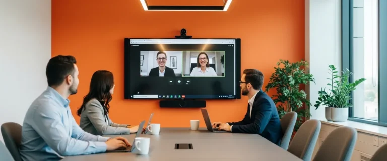 Modern conference room with hybrid work meeting showing in-person team and remote participants on screen, illustrating 2026 remote work statistics