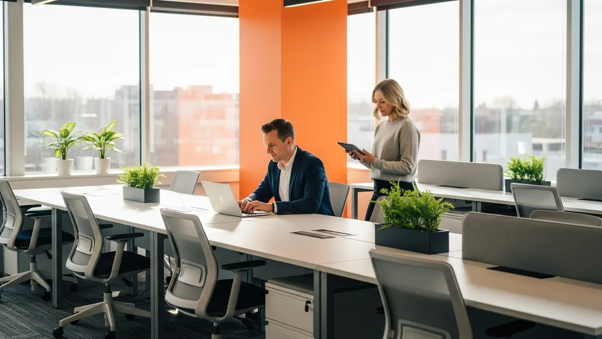 Partially-filled modern office with hybrid workers collaborating at shared desks, representing 2026 hybrid work statistics