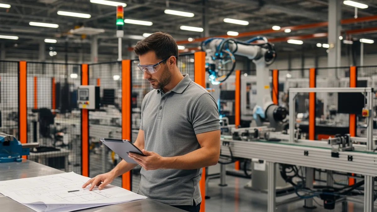 Manufacturing engineer reviewing production line blueprints at reshored US factory