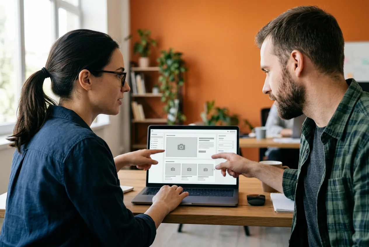 E-commerce developer and merchandiser reviewing a product-detail page build in a Shopify Plus admin screen with orange accent lighting