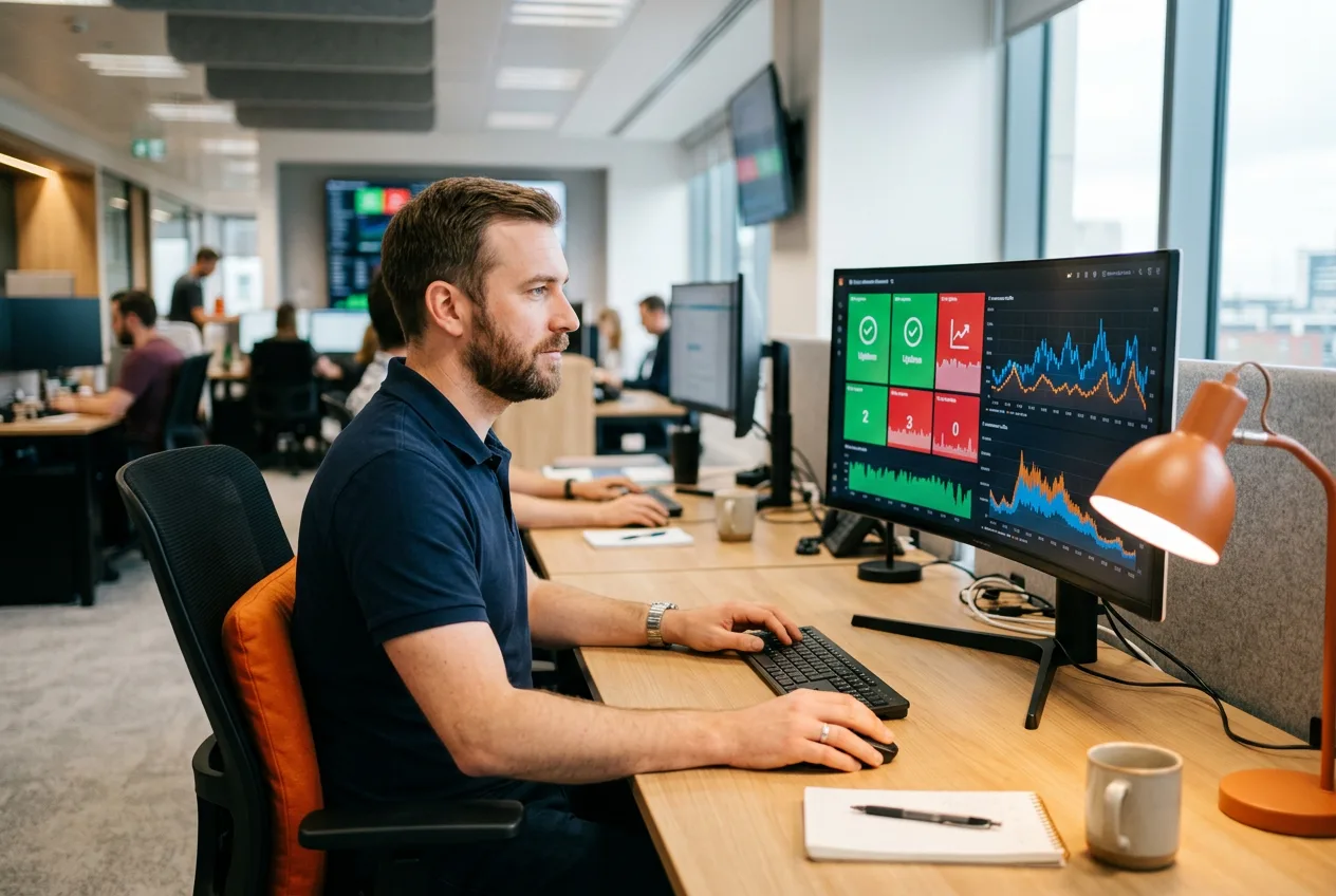 Retail IT engineer reviewing a live store-network dashboard with POS uptime and e-commerce traffic side by side