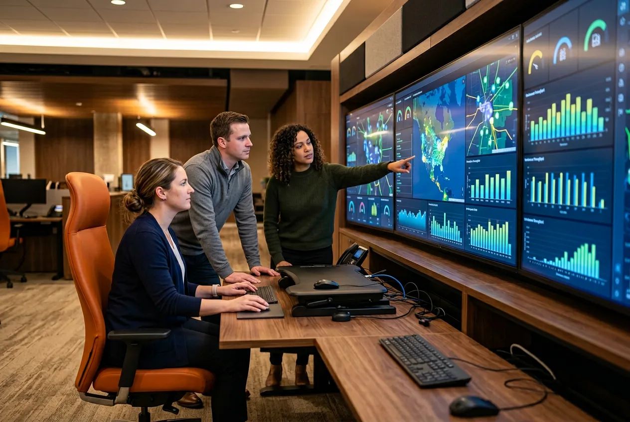 Retail operations team at a console watching a live omnichannel fulfillment dashboard with store, warehouse, and carrier feeds