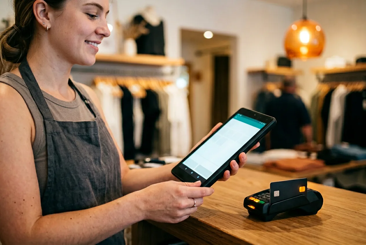 Store associate holding a handheld POS tablet at a checkout counter with a chip reader and a small orange indicator light