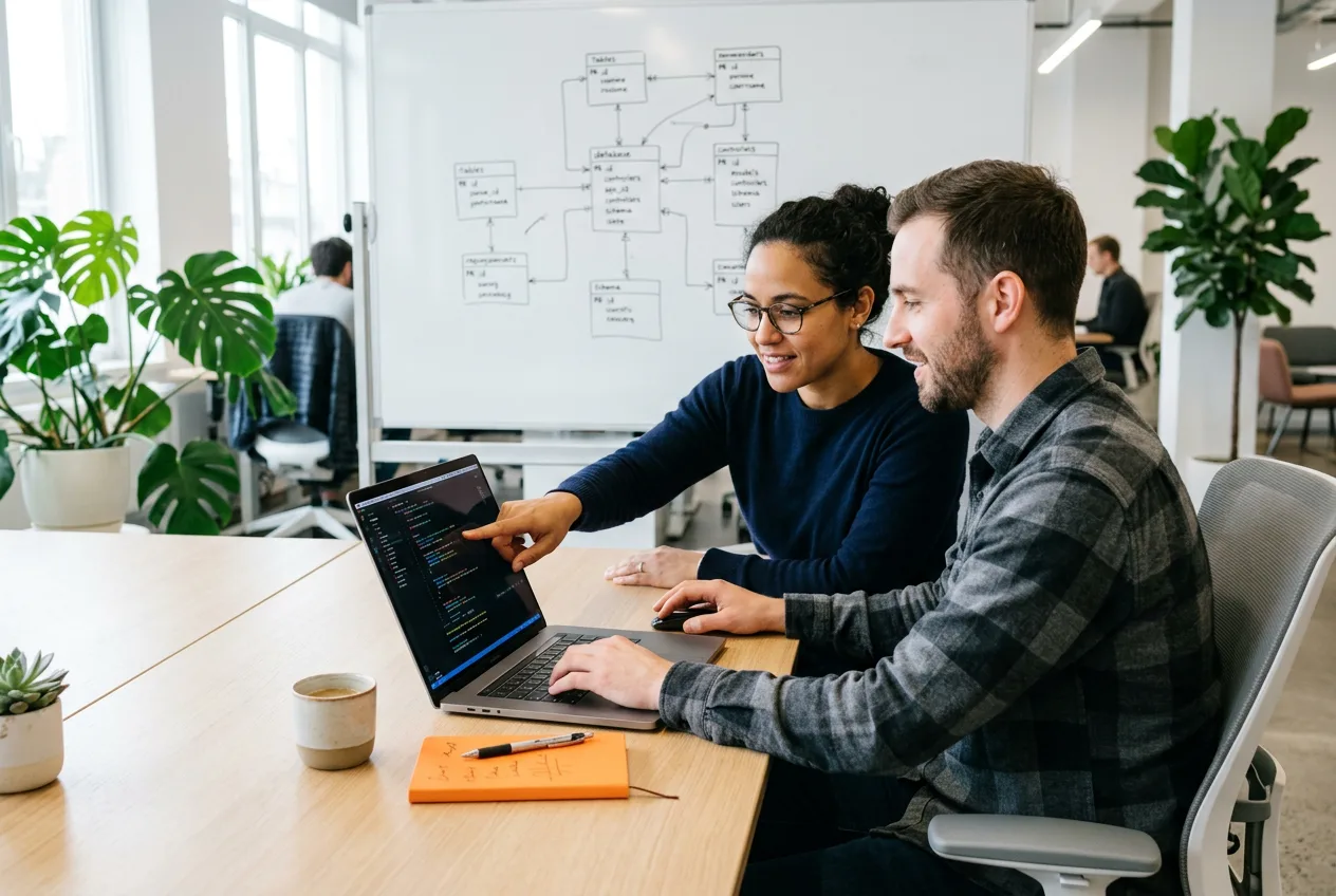 Two Rails engineers pair-programming on a Hotwire feature with rails console open and a schema diagram on the whiteboard