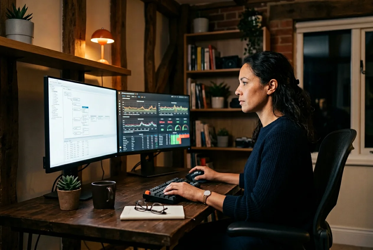 Senior Rails platform engineer reviewing Postgres EXPLAIN output and a Sidekiq dashboard on dual monitors