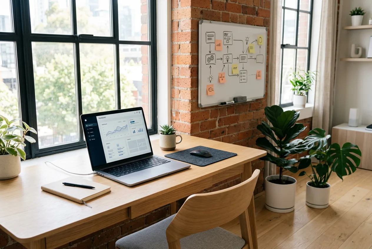 Early-stage product team building a Hotwire-driven Rails MVP with Tailwind UI on a laptop and a roadmap on the wall