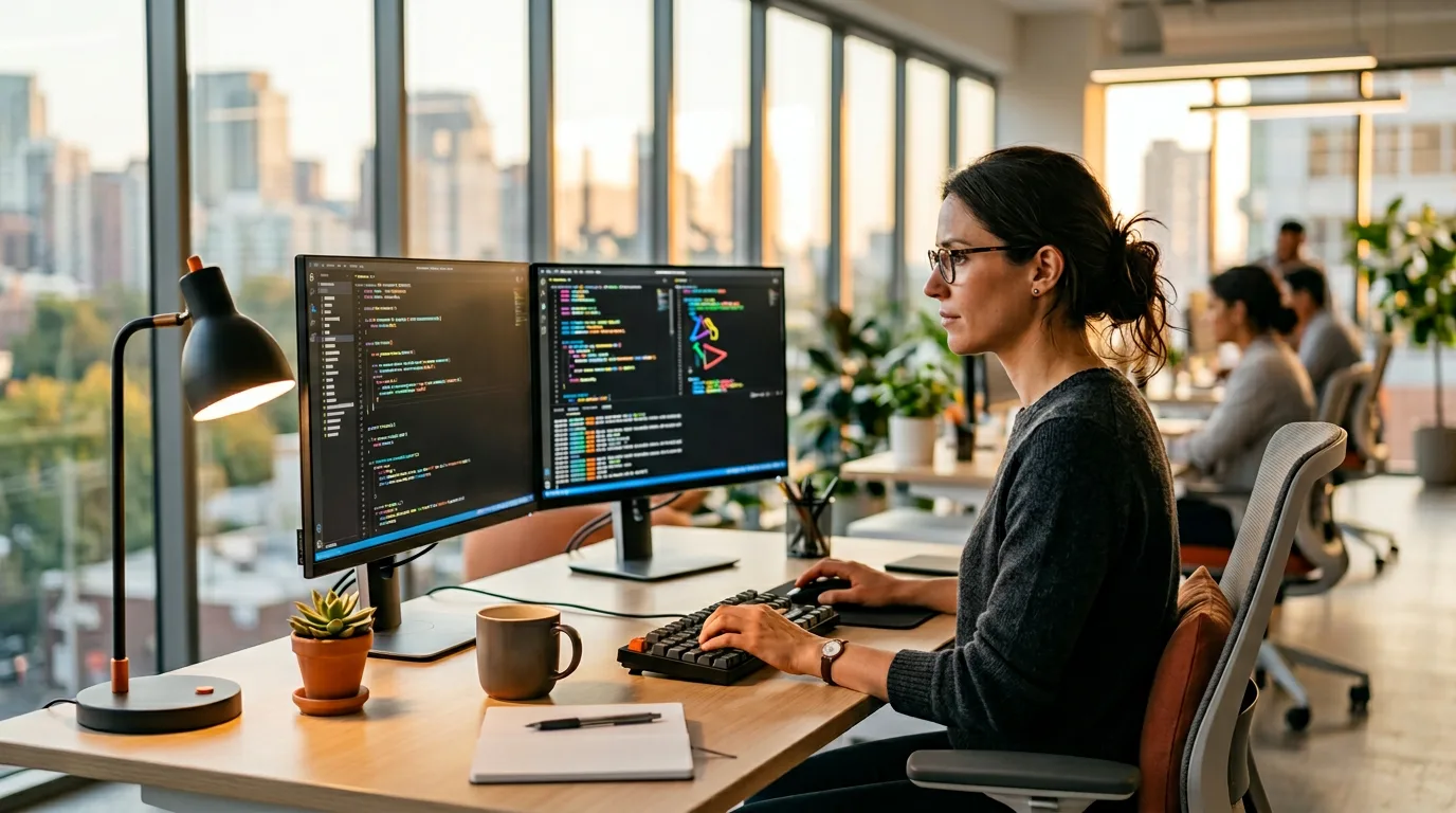 Senior Rust developer reviewing async Tokio service code and embedded firmware on dual monitors, KORE1 Rust developer staffing