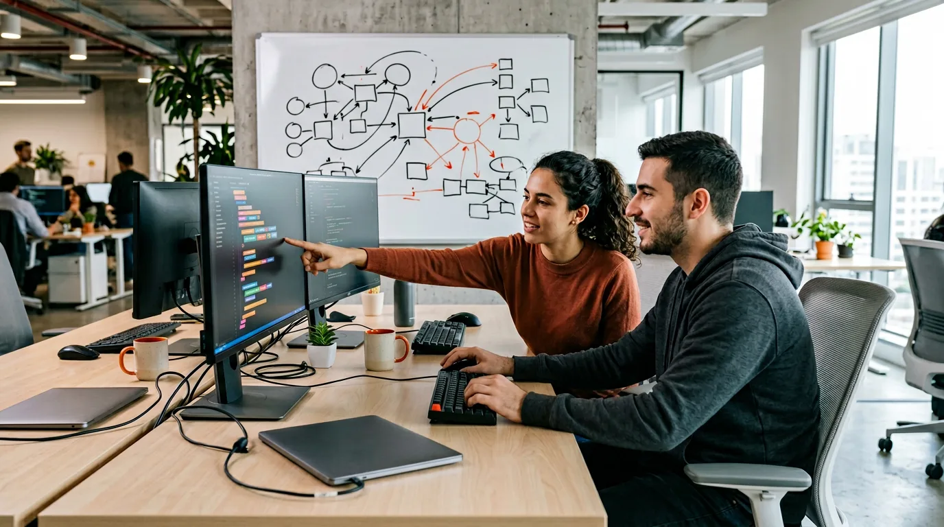 Rust engineer pair-programming on a backend service with terminal output and architecture diagram visible on whiteboard