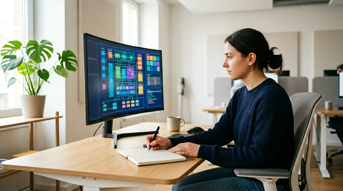 Backend Rust engineer reviewing Axum service architecture and Postgres query plan on a monitor with terminal showing cargo test output