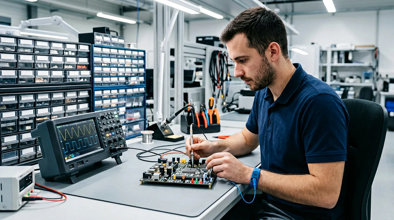 Embedded engineer reviewing no_std Rust firmware on an oscilloscope and microcontroller dev board with HAL documentation visible