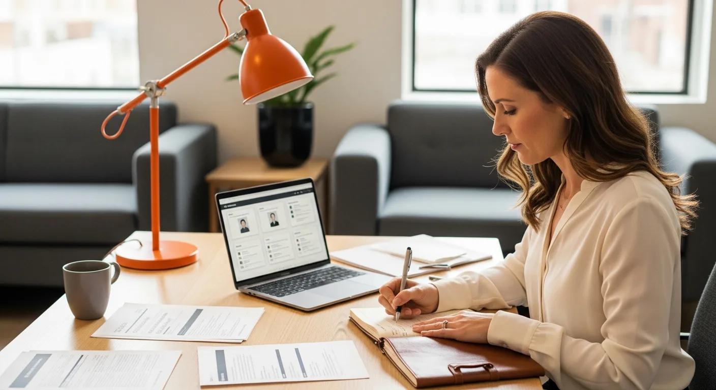 Recruiter and hiring manager reviewing Salesforce developer candidate notes and technical assessment results at a modern office conference table