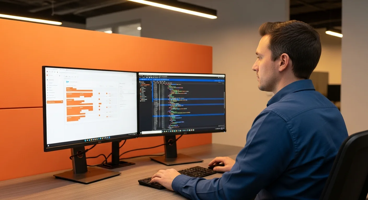 Salesforce developer reviewing Apex code and CRM dashboards at a dual-monitor workstation with orange accent wall in a modern tech office