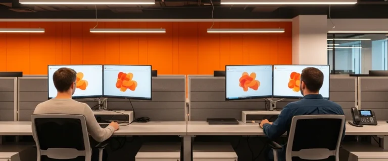 Salesforce developer interview questions overview showing developer team workspace in modern orange-accented tech office