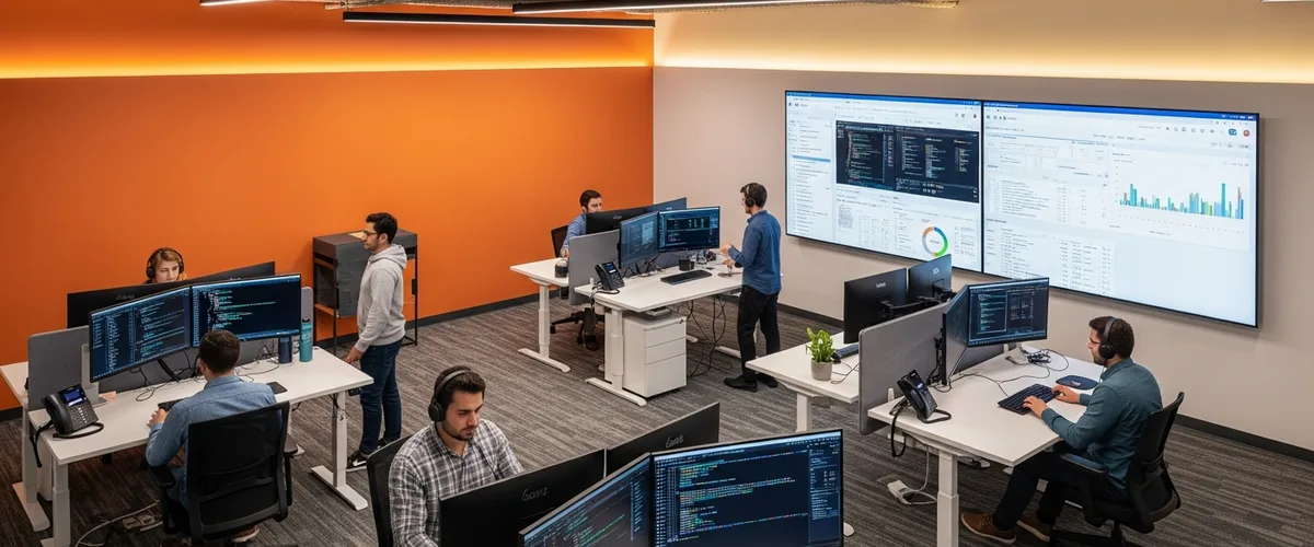 Modern tech office with Salesforce developers at workstations reviewing CRM data and code