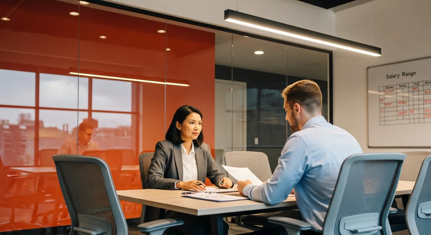 Hiring manager and Salesforce developer candidate discussing salary compensation in a conference room