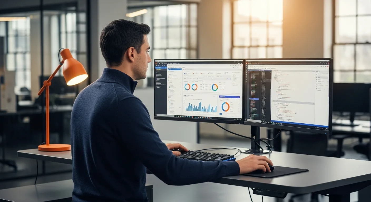 Salesforce developer reviewing Apex code and CRM dashboards at a dual-monitor workstation in a modern tech office