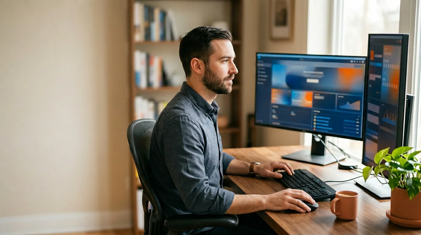 Salesforce developer writing Apex code in VSCode with a Lightning Web Component preview on a second monitor