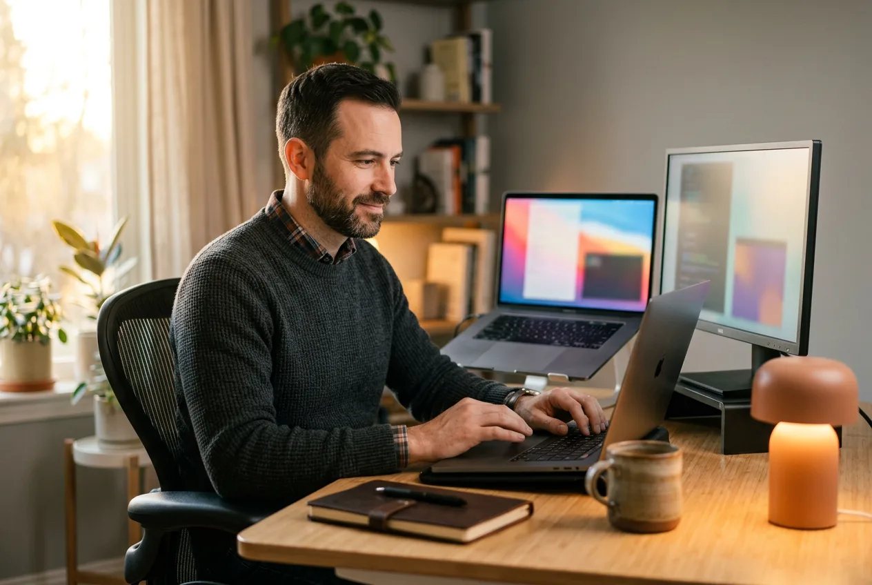 Senior Salesforce developer focused on a laptop with a Lightning UI build on a second monitor in warm evening light