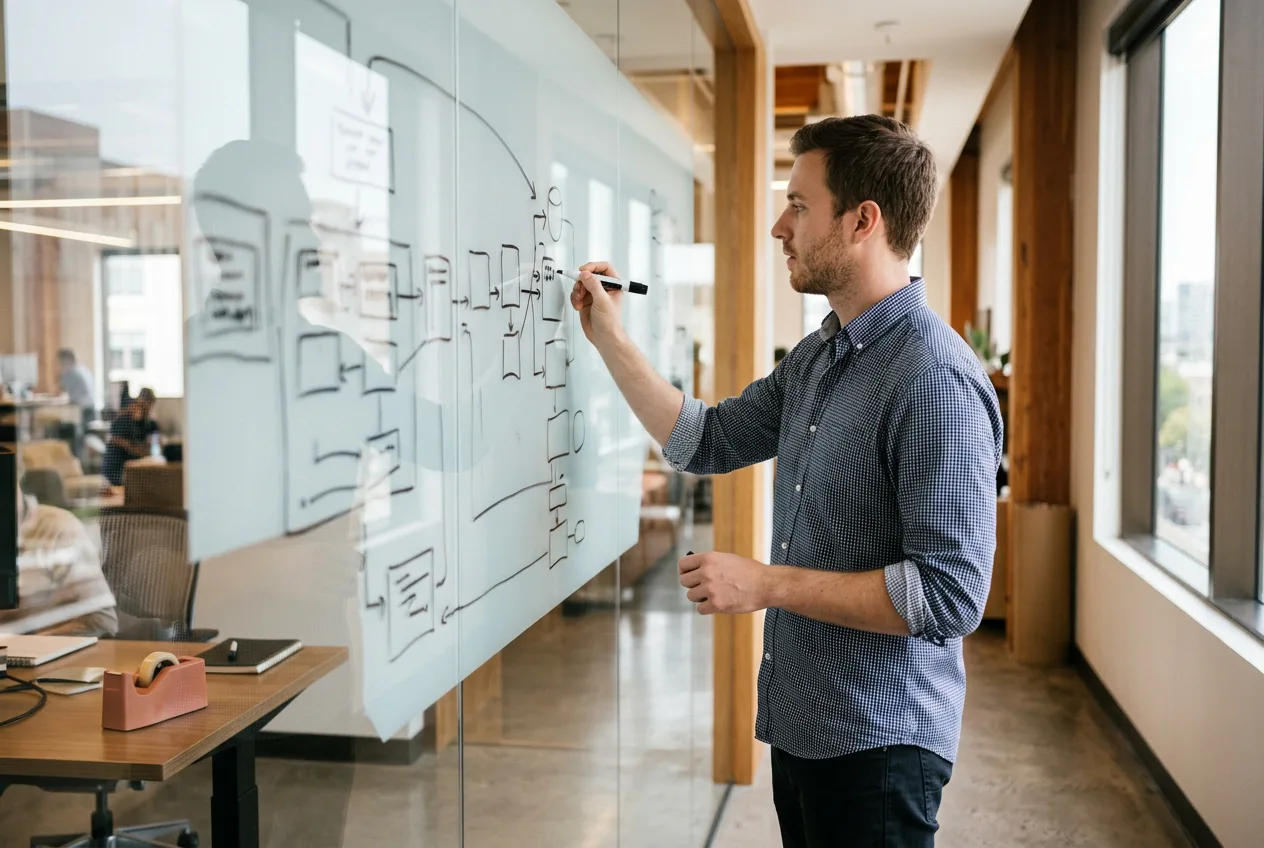 Salesforce developer whiteboarding a REST integration between Salesforce and an external order management system