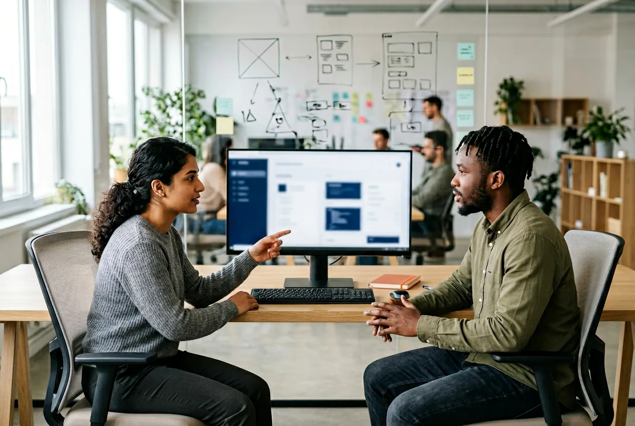 Two Salesforce developers reviewing an Apex trigger on a shared monitor with a data model whiteboard in the background