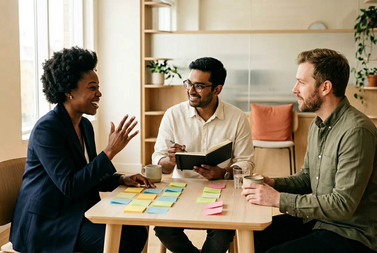Senior Salesforce developer and admin at a table mapping out Flow versus Apex tradeoffs with sticky notes