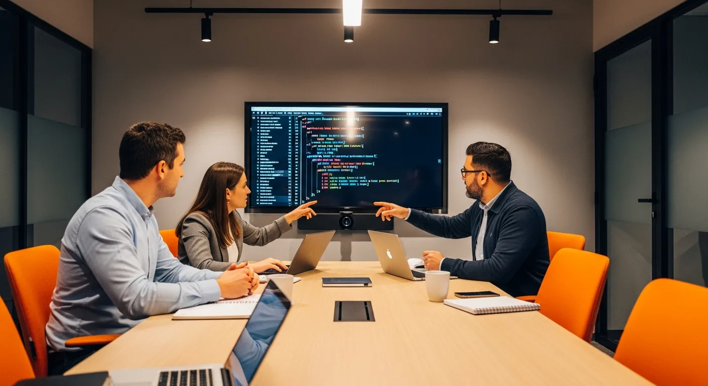 Technical interview panel reviewing Salesforce Apex code on a shared screen during a developer candidate evaluation session