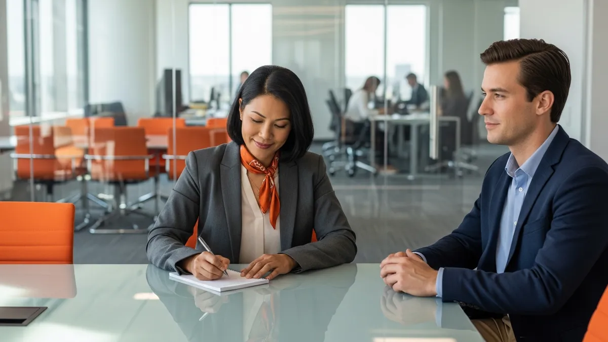 Hiring manager interviewing displaced Salesforce admin in modern office