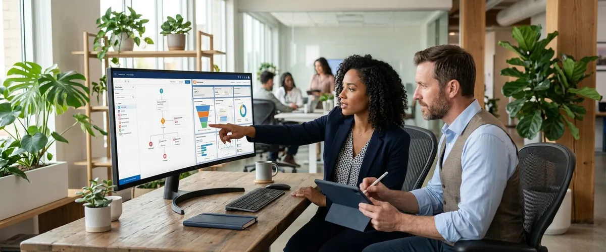 Salesforce professionals collaborating on a Sales Cloud dashboard and Flow Builder canvas in a modern office