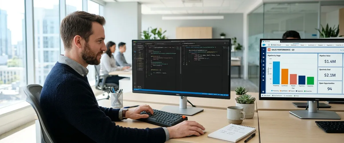 Salesforce developer building a Lightning Web Component and reviewing Apex code on a widescreen monitor