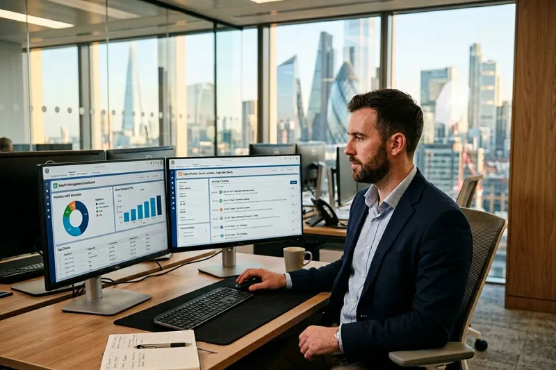 Financial services analyst working in Salesforce Financial Services Cloud across dual monitors in a modern office