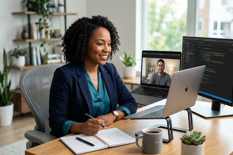 Hiring manager interviewing a Salesforce developer candidate over video conference with code on a second monitor