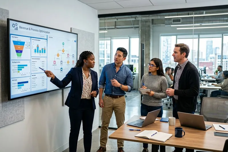 Salesforce team reviewing Sales Cloud dashboards and Flow diagrams during a sprint planning session