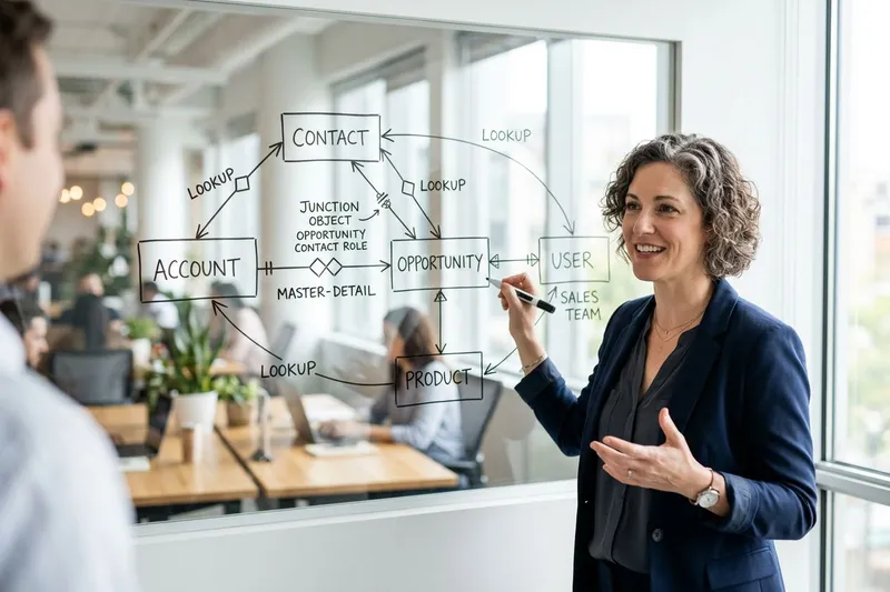 Salesforce architect sketching a data model with junction objects and lookup relationships on a whiteboard