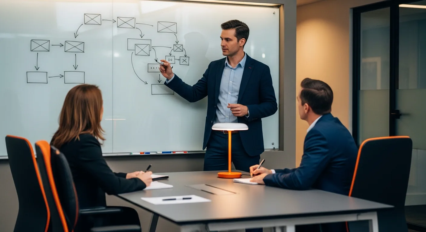 SAP technical consultant walking through ABAP code on a whiteboard during a technical interview