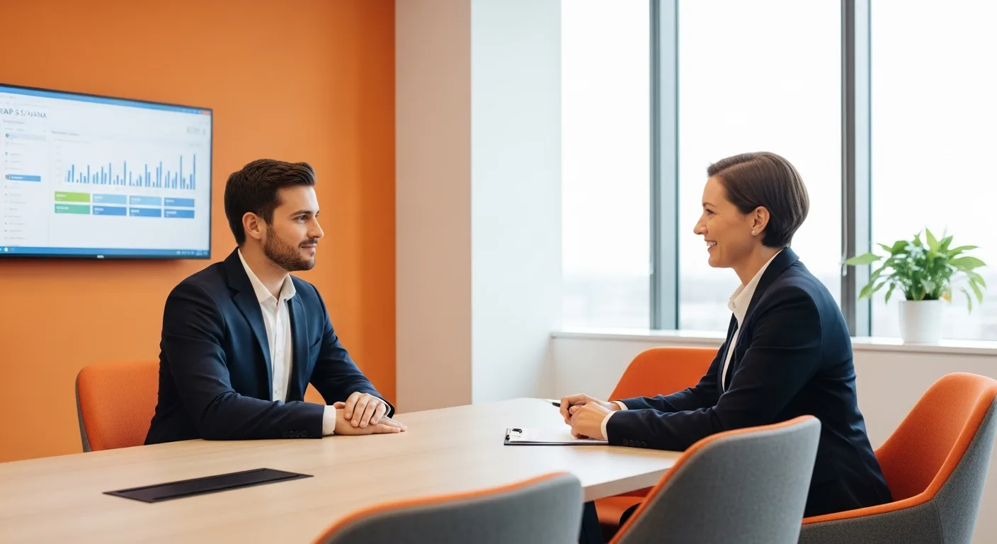 Hiring manager interviewing an SAP S/4HANA consultant in a modern office, S/4HANA Fiori dashboard visible on monitor