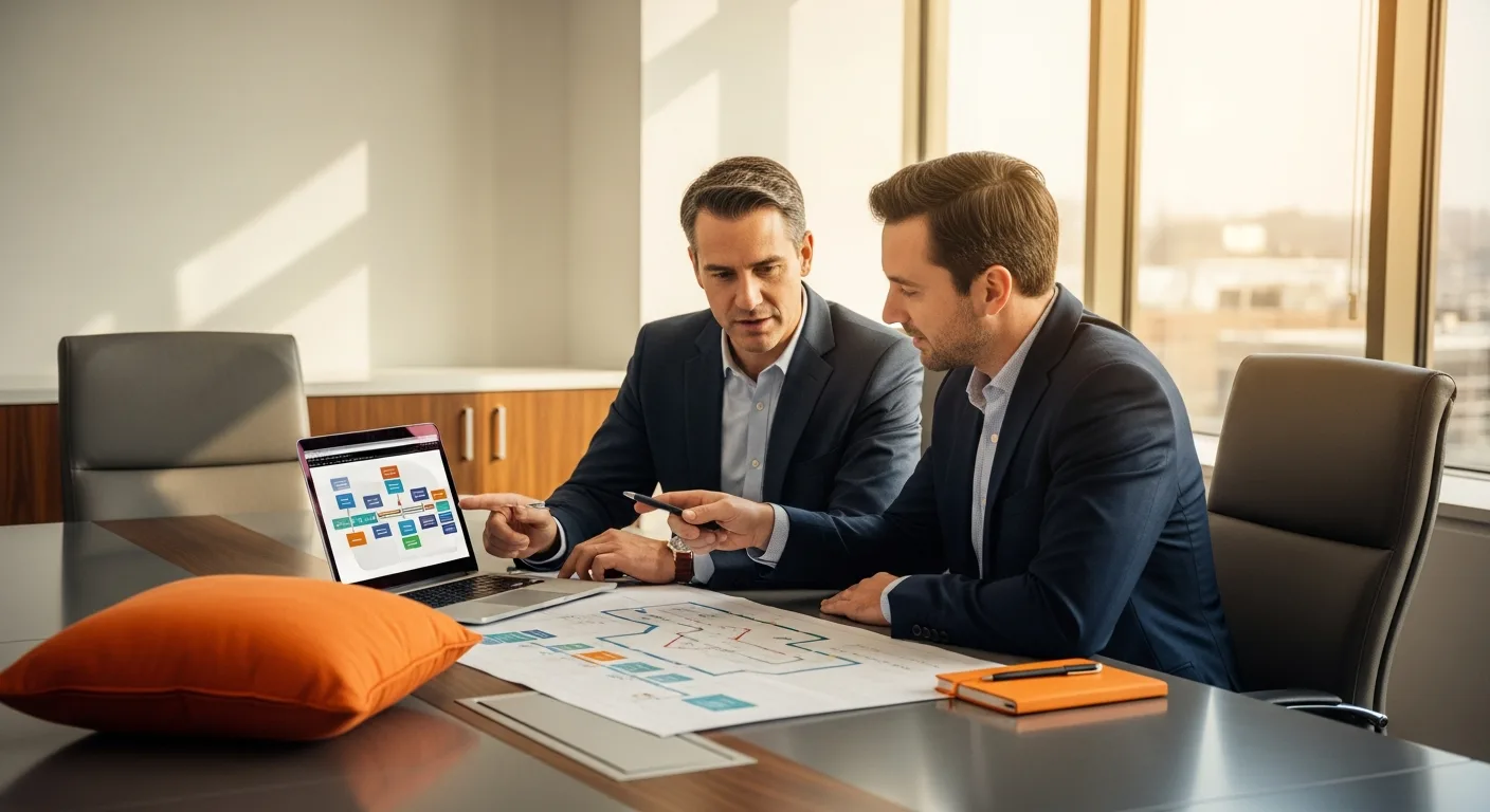 Hiring manager and SAP consultant reviewing an S/4HANA migration roadmap on a laptop in a modern boardroom