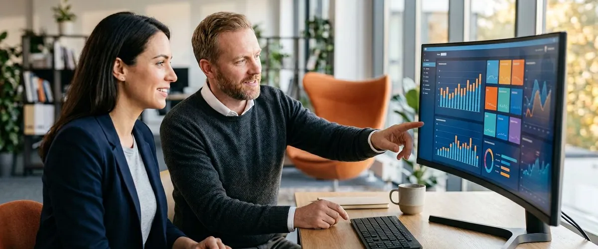 SAP consultant reviewing an S/4HANA Fiori launchpad and finance reconciliation dashboard on a widescreen monitor