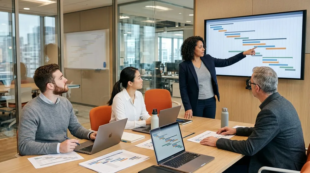 S/4HANA project team reviewing a cutover Gantt chart and data migration status board in a conference room