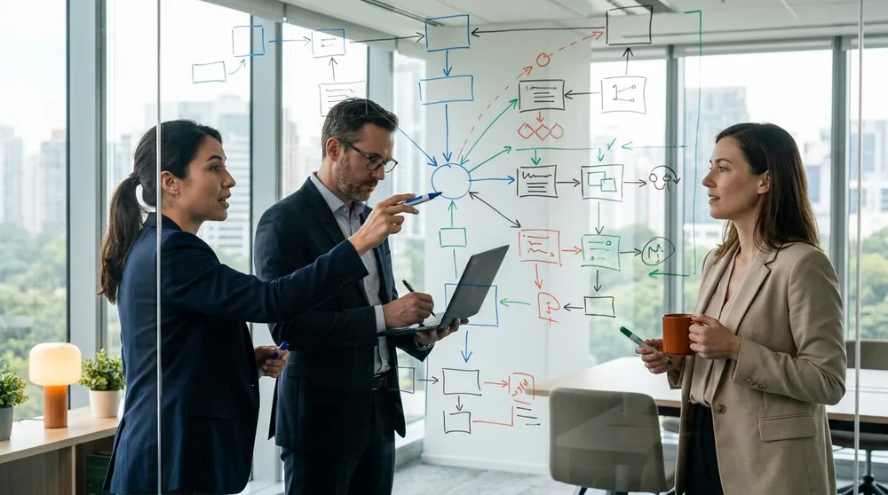SAP functional and technical consultants at a whiteboard mapping an S/4HANA finance process flow