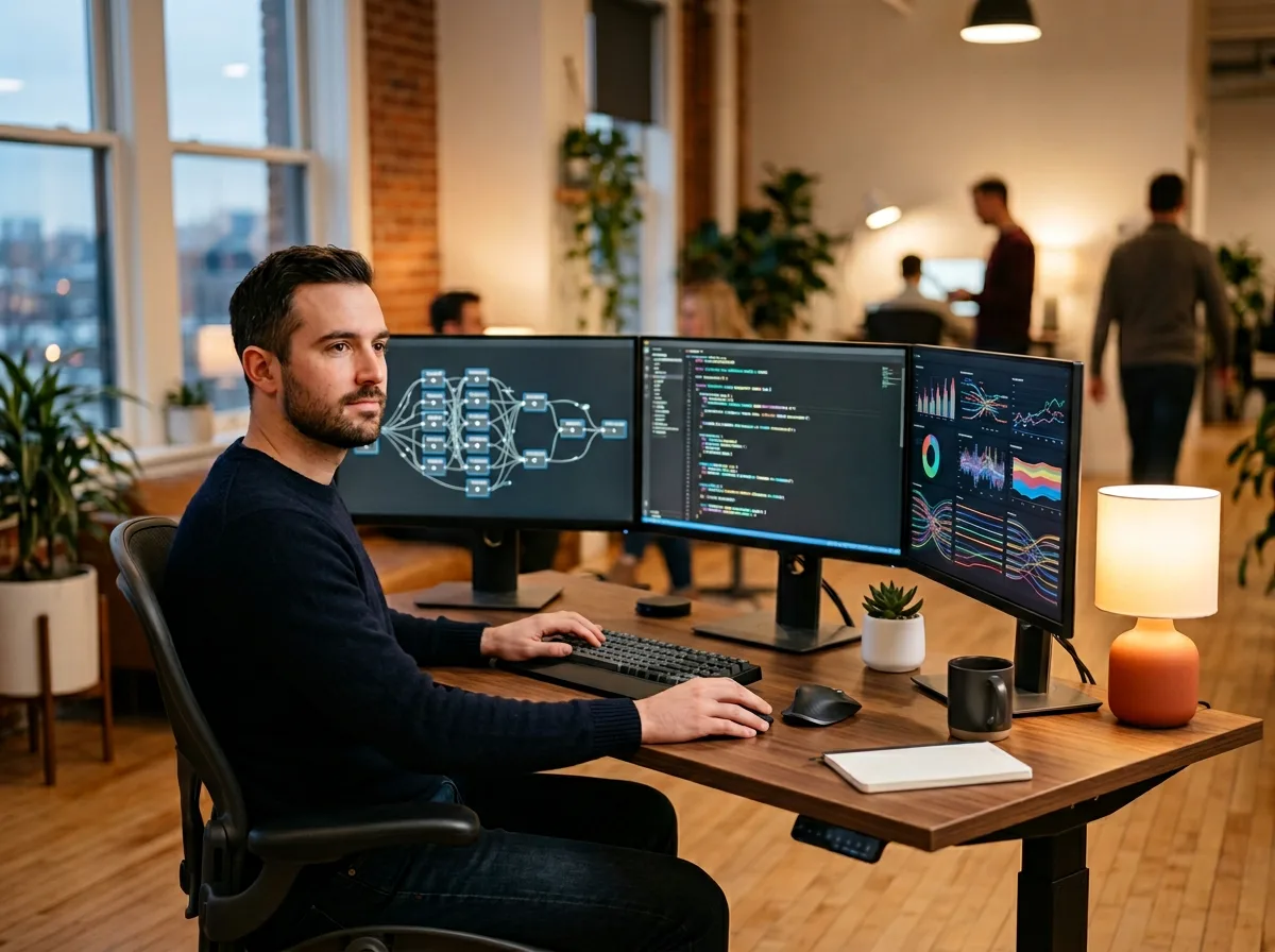 Scala engineer reviewing distributed data pipeline architecture on multiple monitors in a modern tech workspace