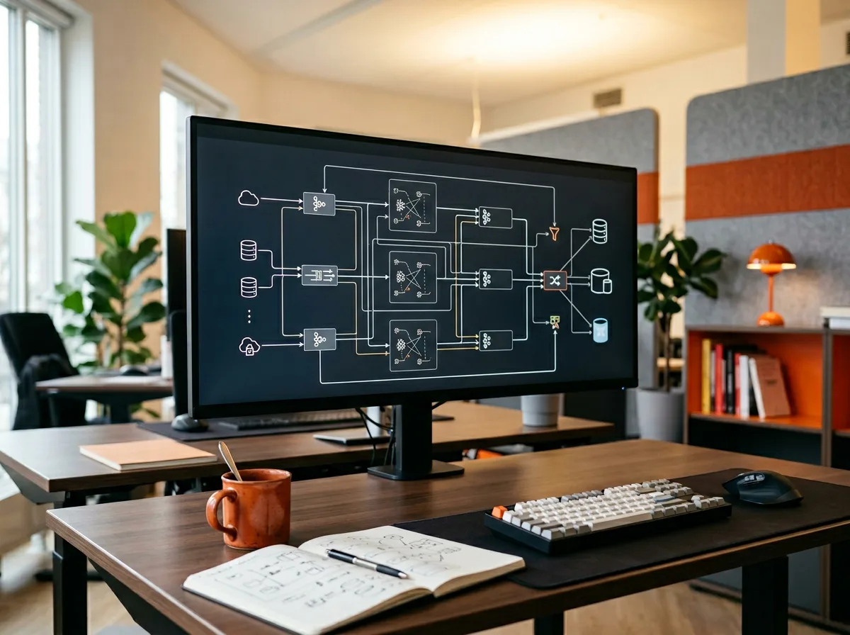 Distributed data pipeline architecture displayed on a large screen in a modern engineering office, showing Spark cluster topology and streaming data flows