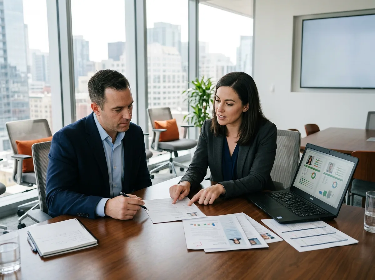 KORE1 recruiter walking a hiring manager through Scala developer candidate profiles and technical screening scorecard results in a bright modern office